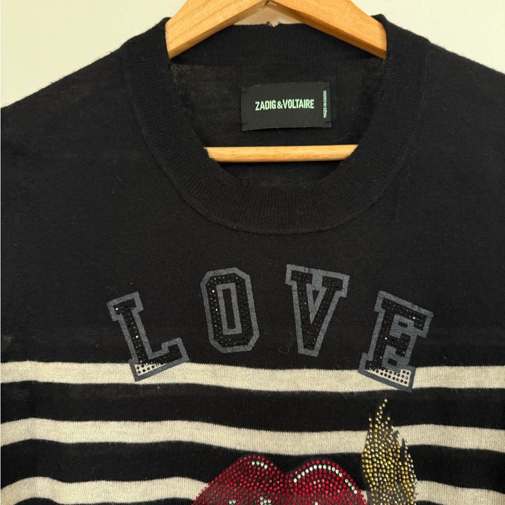 Zadig & Voltaire Black and White Cashmere Crew Neck Sweater with Graphic Design - Picture 2 of 4